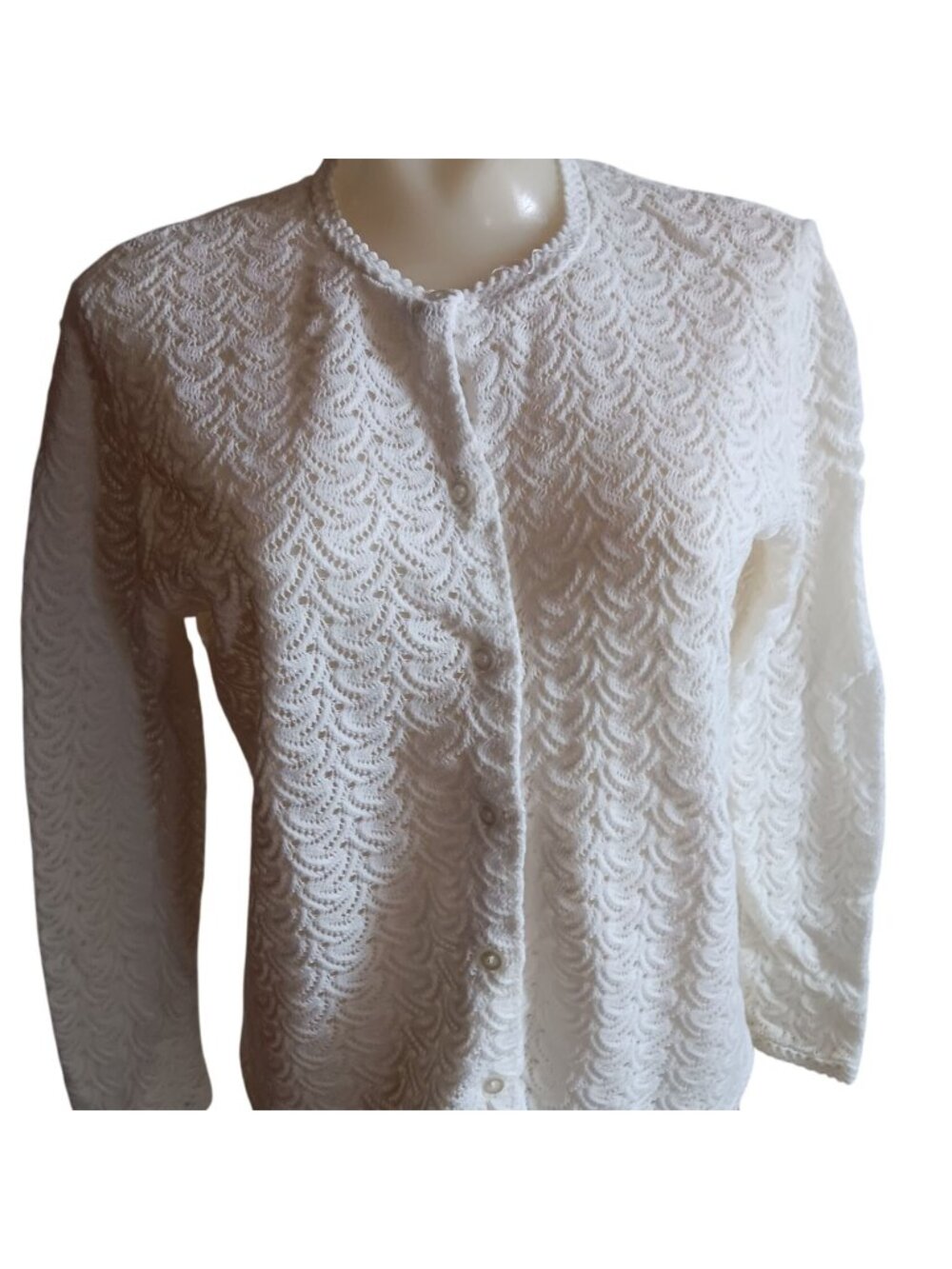 1960's White Lace Knit True Vintage Cardigan Sweater Medium Button-Up Japan